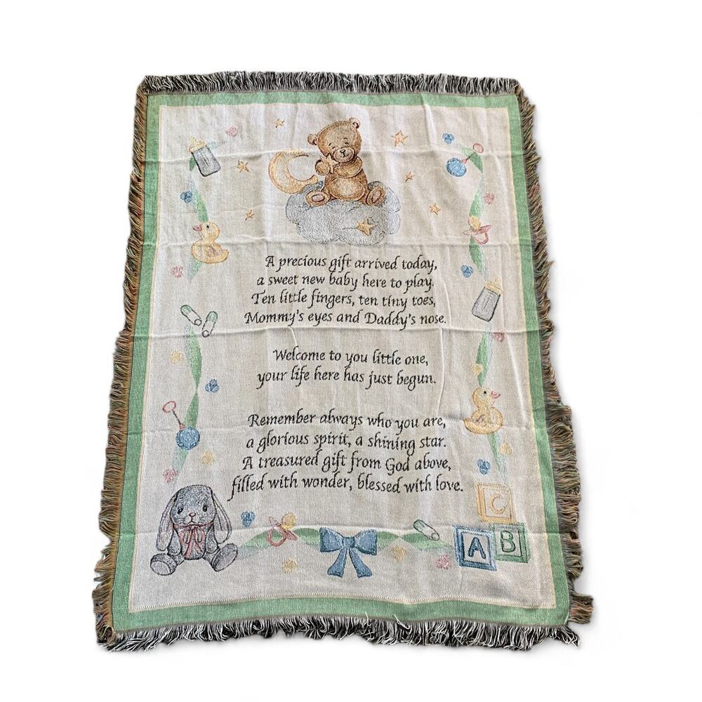 Baby Blessing Woven Tapestry Blanket Teddy Bear Nursery Receiving 42x 54 in.